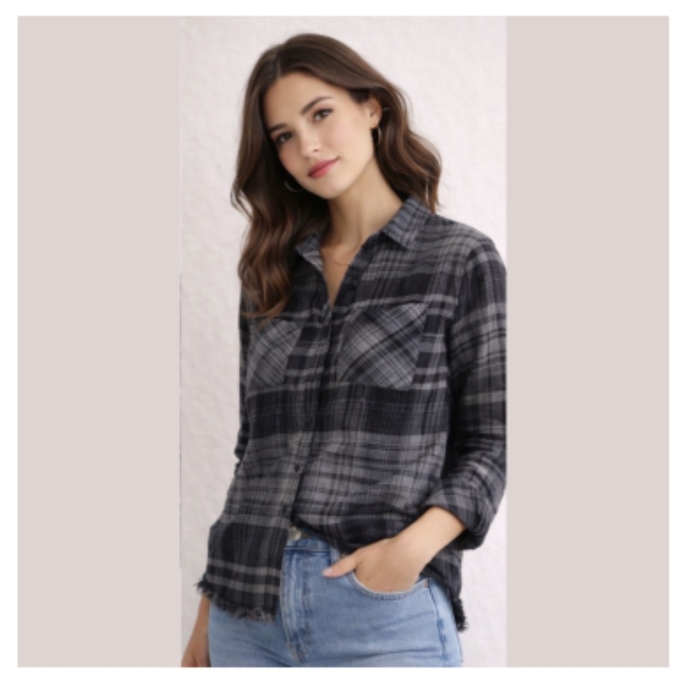 Cloth & Stone Anthropologie Plaid Shirt XS Gray Black Raw Frayed Hem Button Down